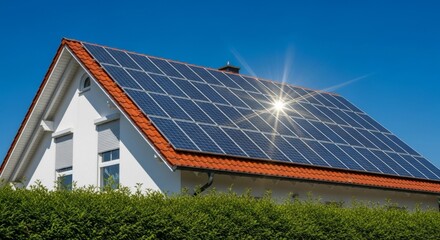 Fototapeta premium Solar panels on modern house roof with red tiles and green hedge in bright sunlight