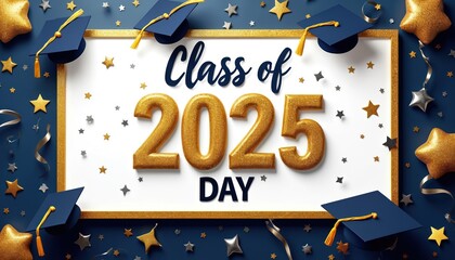 Class of 2025 graduation design features gold numbers, navy blue caps, confetti. Festive celebratory mood. Stars, ribbons, graduation caps add to elegant, sophisticated design, marking important