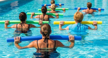Obraz premium Group of women exercising in pool with noodles for aqua aerobics class