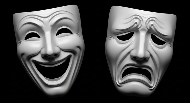 Comedy and tragedy masks on black background symbolizing theater emotions