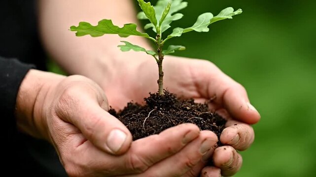 Sapling Held in Hands Against a Blurred Green Background Symbolizing Growth and Environmental Stewardship in Outdoor Setting with Sunlight and Shallow Depth of Field