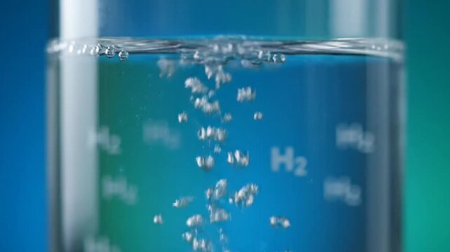 Macro Shot of Hydrogen Bubbles Rising in Water within a Glass Container Against a Gradient Blue and Green Background with Soft Lighting Display