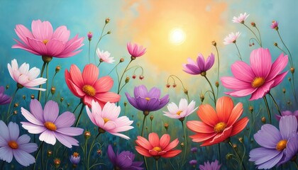 Vibrant cosmos flowers bloom in a sunlit garden. Artistic painting with oil on canvas texture. Various colors like pink, purple, orange, white. Nature inspired floral art for decor.