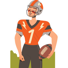 Football Player In Orange Jersey With Number One And Holding A Football On A Transparent Background With Green Grass Field