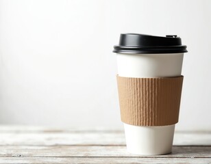 Steaming coffee cup with black lid and textured white paper sleeve rests on rustic wooden table. Offers comfortable grip for hot beverage. Modern, minimalistic design suits cafes, office, home.