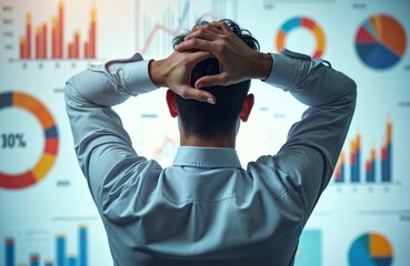Businessman overwhelmed by data charts, graphs on screen. Man stressed with finance, business analysis, strategy, financial reports. Frustrated by pressure, deadline, making decisions, research,