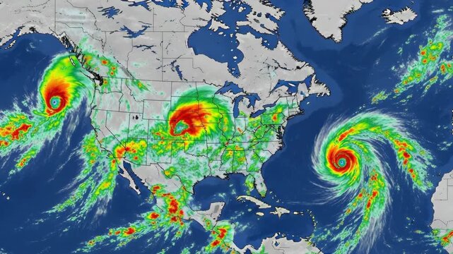 Satellite Weather Map Showing Hurricane Storms Over Atlantic and Gulf Coast