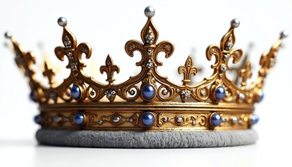 Ornate golden crown with blue gems and pearls. Intricate regal design, symbol of monarchy and power. Festive royal event or birthday celebration element. Luxury, prestige, status icon.