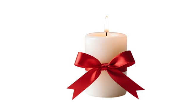 Christmas candle with red ribbon isolated on plain white background