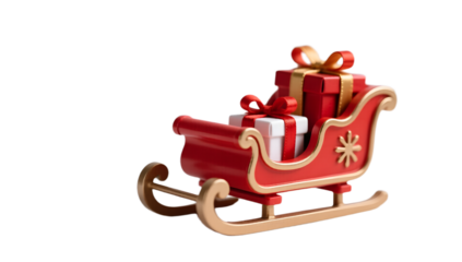 Miniature red sleigh with gifts isolated on plain white background