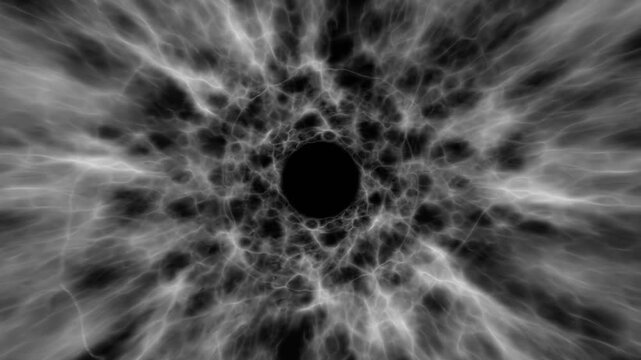 Abstract ash gray coloured cosmic 3d Tunnel Seamless Looping/ 4k animation of an abstract web textured background with dark spot at the end with lightening current seamless zooming in