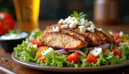 Fresh Greek gyro salad featuring grilled chicken strips, crisp lettuce, ripe tomatoes, red onion, crumbled feta cheese. Drizzled with creamy dressing, colorful dish offers flavorful, healthy meal