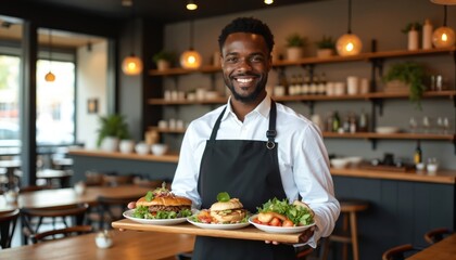 Smiling waiter with tray of food in cafe. Black man in apron holds three plates with sandwiches and salad. Restaurant service concept. Hospitality, food, drink, leisure, dining.