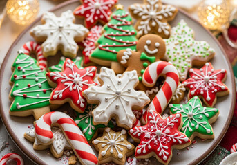 Fototapeta premium Festive Christmas Cookies Decorated Gingerbread Man, Snowflake, Tree, Star Shapes on Plate. Holiday Treats.