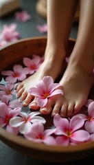 Close-up of woman feet in wooden bowl filled with water, pink flower petals. Offers serene spa experience, promoting relaxation, wellness, beauty treatment. Aromatic bath for pampering, skin care.
