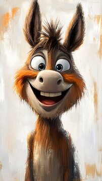 This vibrant, cartoonish image features a happy donkey with a huge grin, expressive eyes, and wild hair. The lively and sketchy brushstrokes bring this energetic character to life, adding texture and 