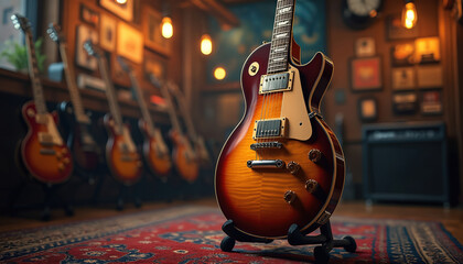 Sunburst electric guitar displayed on stand in cozy music shop. Other guitars lined up in background. Vintage amplifier nearby. Warm lighting creates inviting atmosphere for musicians.