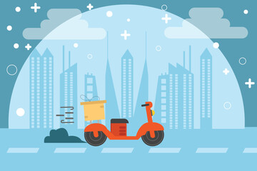 Flat-style cityscape illustration featuring a red scooter riding along an urban street at dusk,with high-rise buildings and subtle geometric design elements in the background.