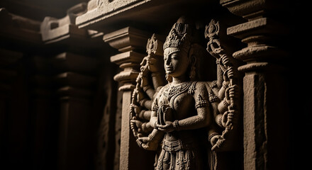 Ancient hindu deity stone carving in temple wall