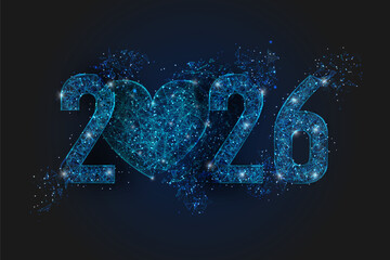 Abstract isolated blue image of new year number 2026. Polygonal low poly wireframe illustration looks like stars in the black night sky in space or flying glass shards. Digital web, internet design.