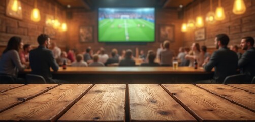 Wooden pub table in foreground, blurred background shows people watching football game on TV. Bar interior with brick walls, warm lighting. Offers empty surface for product placement, drinks snacks.