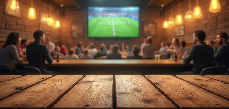 Wooden pub table in foreground, blurred background shows people watching football game on TV. Bar interior with brick walls, warm lighting. Offers empty surface for product placement, drinks snacks.
