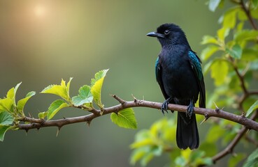 Fork-tailed Drongo bird Dicrurus adsimilis sitting on branch. Black feathers, green iridescent sheen. African wildlife portrait on tree. Green leaves, natural background. Wild avian species in