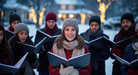 Diverse young people caroling together happily in snowy outdoor setting during holiday season. They sing festive songs, spreading joy on this special winter day.