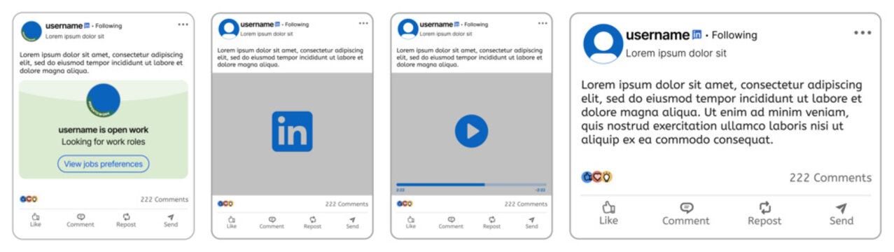 LinkedIn post mockup with feed posts comments likes repost send buttons professional social media layout for job and minimalist desktop UI vector illustration