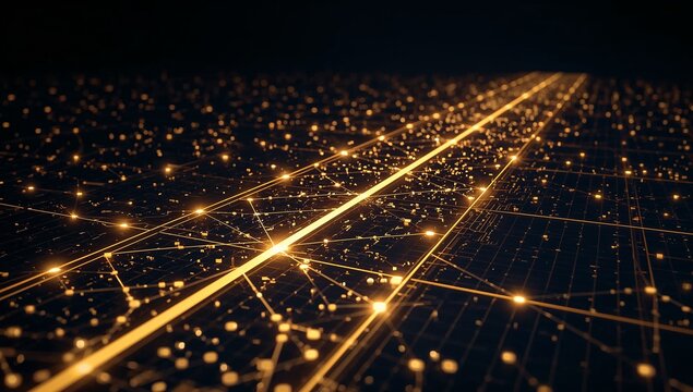 Golden Data Network Grid — Futuristic information highway in glowing gold tones over a deep navy blue digital matrix.