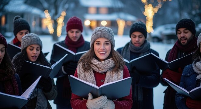 Diverse young people caroling together happily in snowy outdoor setting during holiday season. They sing festive songs, spreading joy on this special winter day.
