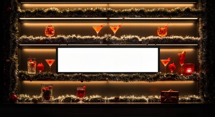 Festively decorated cocktail display with bright red drinks and Christmas ornaments in a cozy bar setting, elegant concept of hospitality or event planning