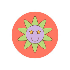 Groovy retro flower smiley sticker in a circle label. Cute patch style with badge accent, playful y2k seal for package lid. Fun pop symbol and modern element for box or product branding.