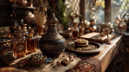 Fototapeta premium Exotic still life with ornate bottles and dishes in a mystical ambience