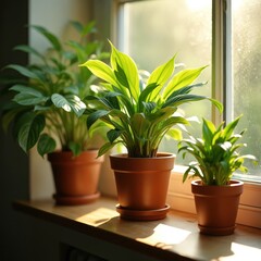 Fototapeta premium Potted green plants sit on windowsill catching bright sunlight. Three terracotta pots hold rich foliage, creating natural indoor garden aesthetic. Soft light filters through window creating tranquil