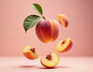 Whole peach, sliced pieces levitating in air. High detailed hyperrealistic illustration with sharp focus on juicy fruit. Minimalist pastel background with negative space. Sweet summer harvest object.