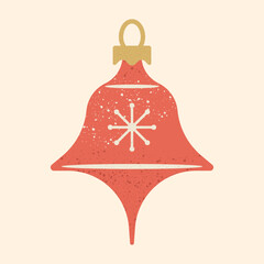 Vector illustration of red Christmas ornament, bell shape with a white snowflake symbol in the center Retro festive decoration for winter holidays isolated on beige background with soft texture