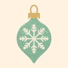Vector illustration of turquoise green Christmas ornament with white snowflake motif and golden top. Retro winter holiday decoration isolated on light beige background Perfect for Xmas design projects