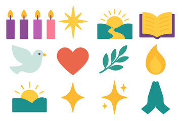 Obraz premium Advent Hope flat icons: four candles, glowing star, path, sunrise, open book, dove, heart, olive branch, flame, sky, sparkle, prayer hands. , , High resolution, sharp vector-like