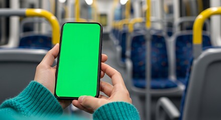 Person Holding Smartphone with Green Screen in Public Transportation Bus