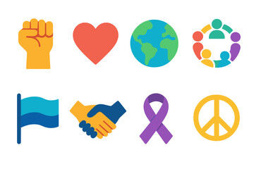 Fototapeta premium Social Justice flat icons: raised fist, heart, globe, people circle, flag, handshake, ribbon, peace symbol.