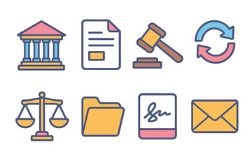 Appeals flat isometric set: courthouse, document, gavel, arrow loop, scale, folder, signature, envelope.