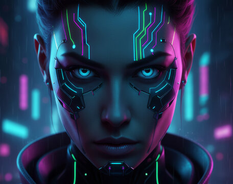 Neon Cyberpunk Portrait. A moody street portrait of a person with neon-lit makeup or tattoos, wearing futuristic glasses or headgear