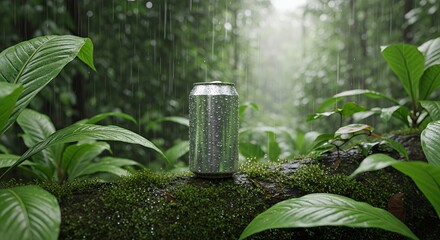 Silver Aluminum Can on Mossy Log in Lush Green Rainforest