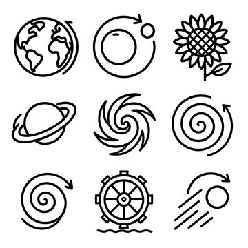 Natural rotation outline icon set: Earth globe, moon orbit, sunflower turning, hurricane swirl, planet rings, water wheel, spiral shell, comet path.