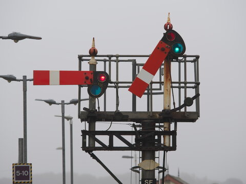 St Erth, United Kingdom - October 3, 2025: Mechanical semaphore signal used at railway