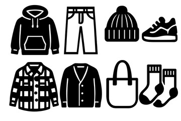 Winter Wardrobe Casual Comfort silhouette set: hoodie, jeans, beanie, sneakers, flannel shirt, cardigan, tote bag, cozy socks.