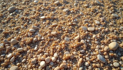 Close-up textured surface of granulated sand mixed with small pebbles on beach shore. Natural earthy tones, smooth worn stones, coarse grains create tactile background for summer vacation, coastal