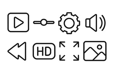 User Interface outline icon set: play button, progress bar, settings gear, volume icon, full screen, thumbnail preview, rewind arrow, HD badge.