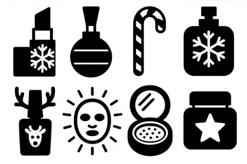 Festive Beauty Hacks silhouette set: snowflake lipstick, ornament brush, candy cane mirror, frosty perfume bottle, reindeer nail polish, glowing face mask, holiday compact, star